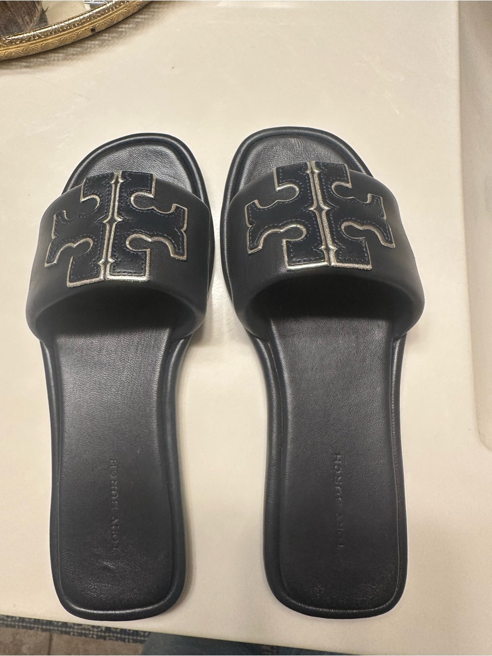 Tory Burch Black Leather Logo Slide Sandals
